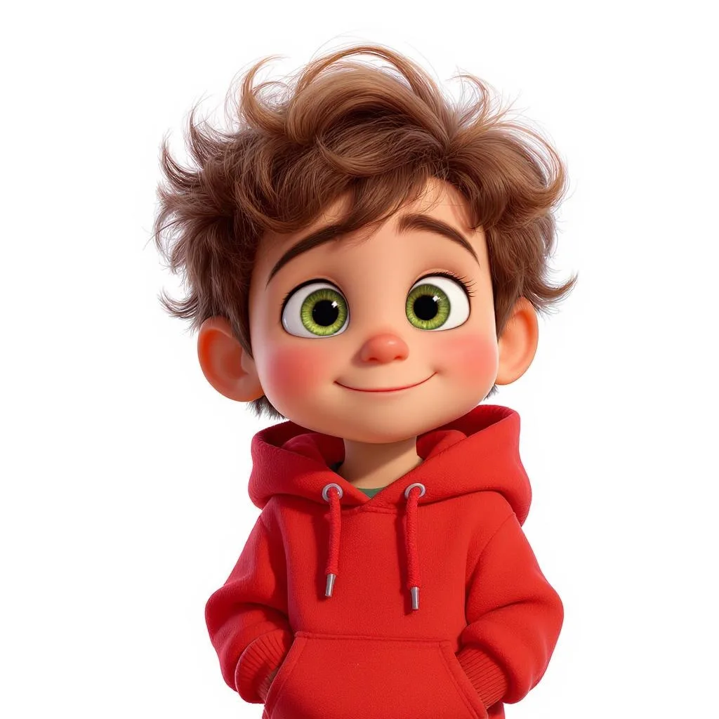 3D cartoon boy with curly brown hair and green eyes wearing a red hoodie
