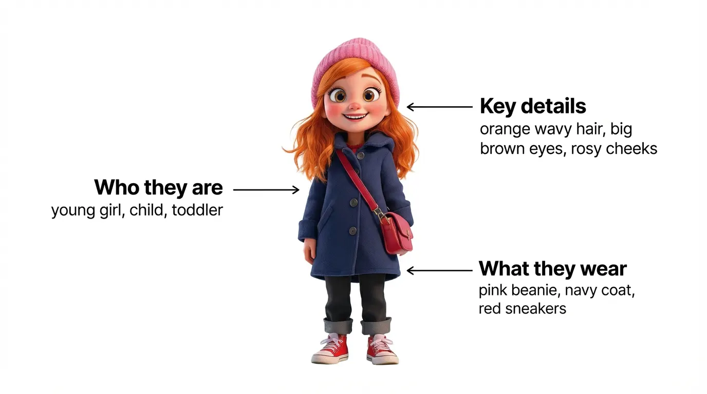 Character formula example showing a young girl with labels: Who they are (young girl, child, toddler), Key details (orange wavy hair, big brown eyes, rosy cheeks), What they wear (pink beanie, navy coat, red sneakers)