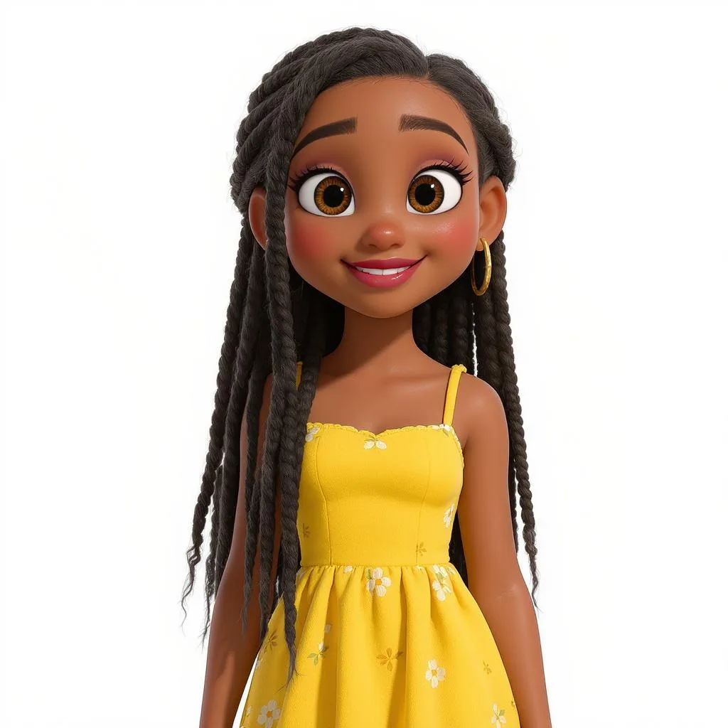 3D cartoon girl with long black braids wearing a yellow sundress