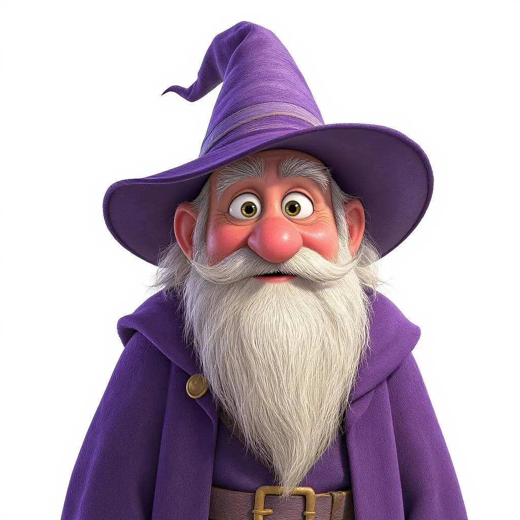 3D cartoon wizard with white beard wearing purple robes and pointed hat