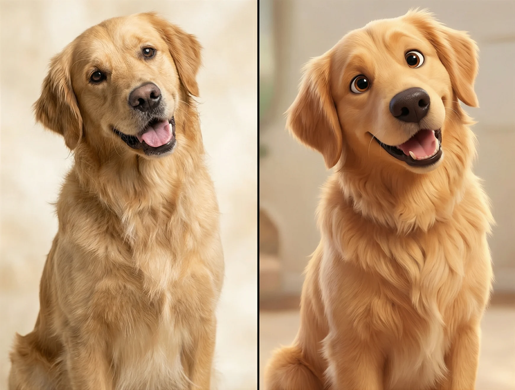 Golden retriever before and after AI pet portrait transformation - real photo to Pixar-style cartoon