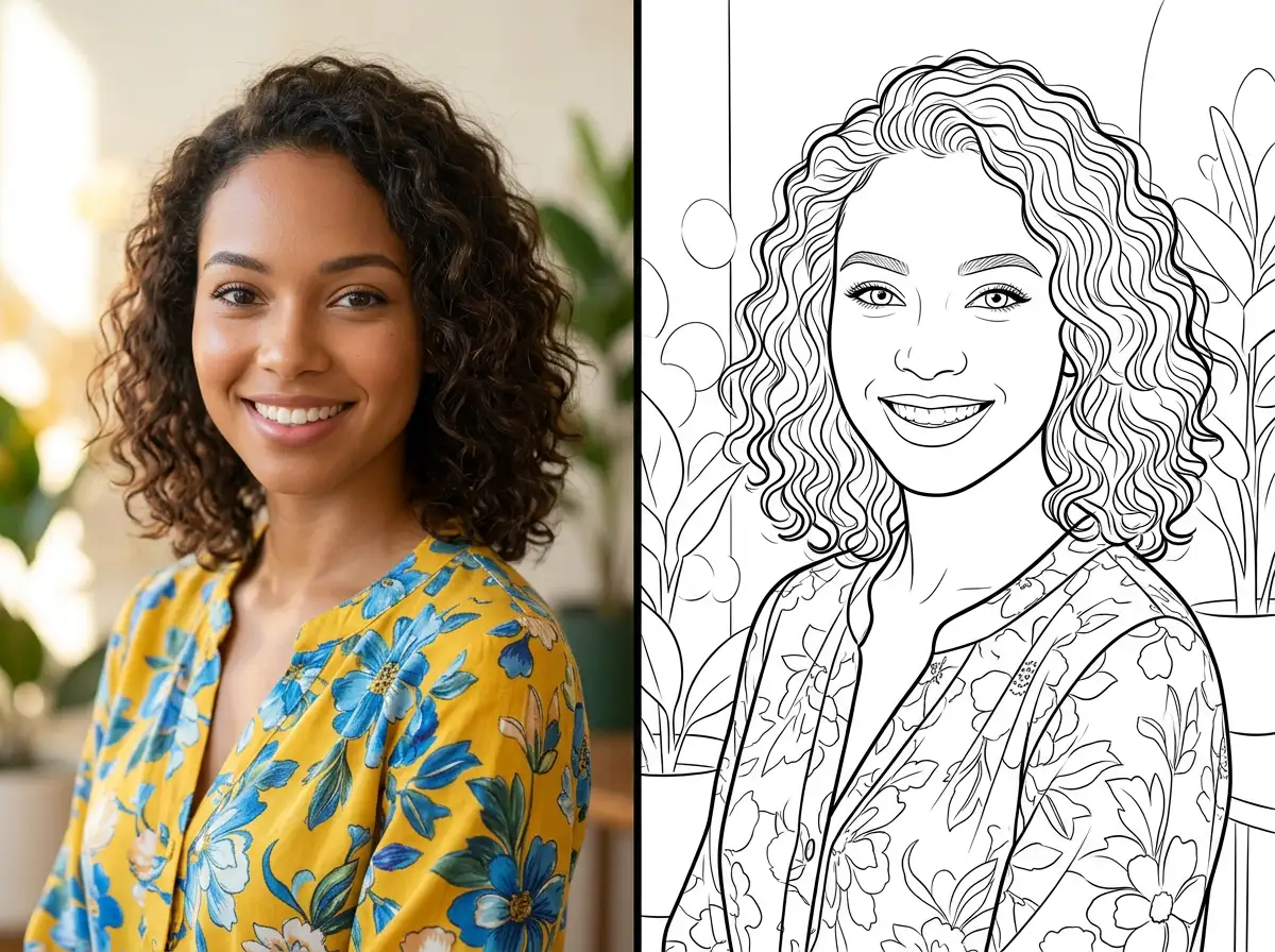 Photo to coloring page conversion — before and after coloring book transformation