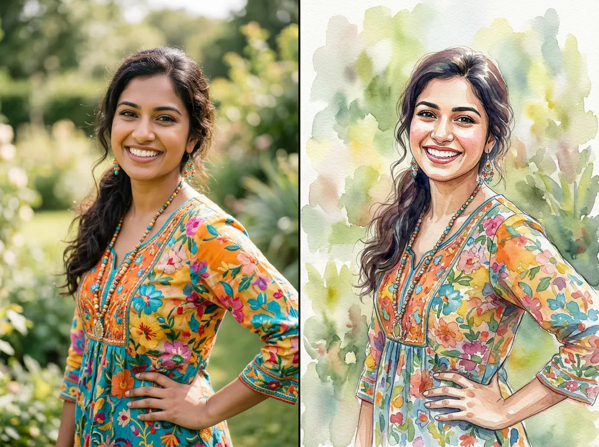 Photo to watercolor conversion — before and after watercolor illustration transformation