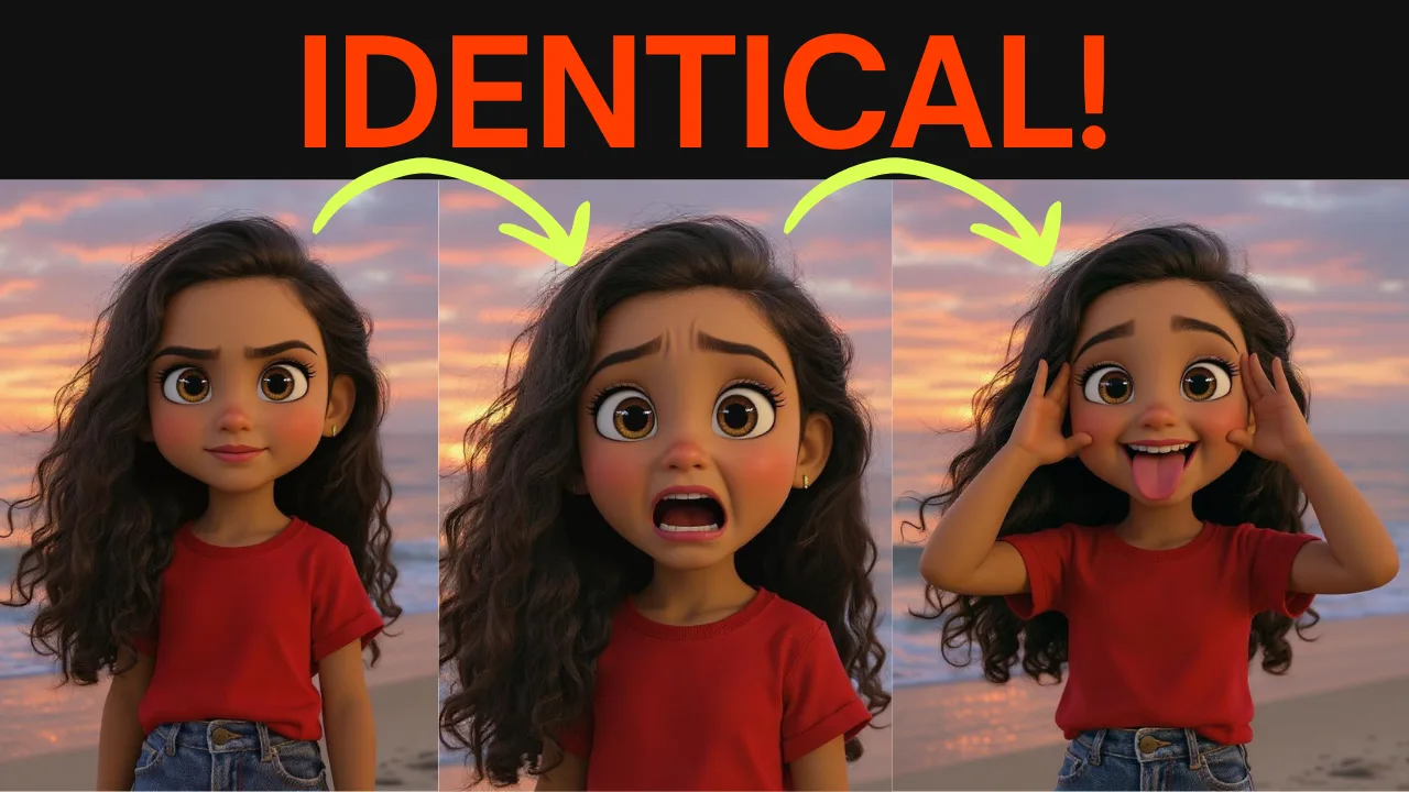 AI cartoon generator demonstrating identical character features across different facial expressions