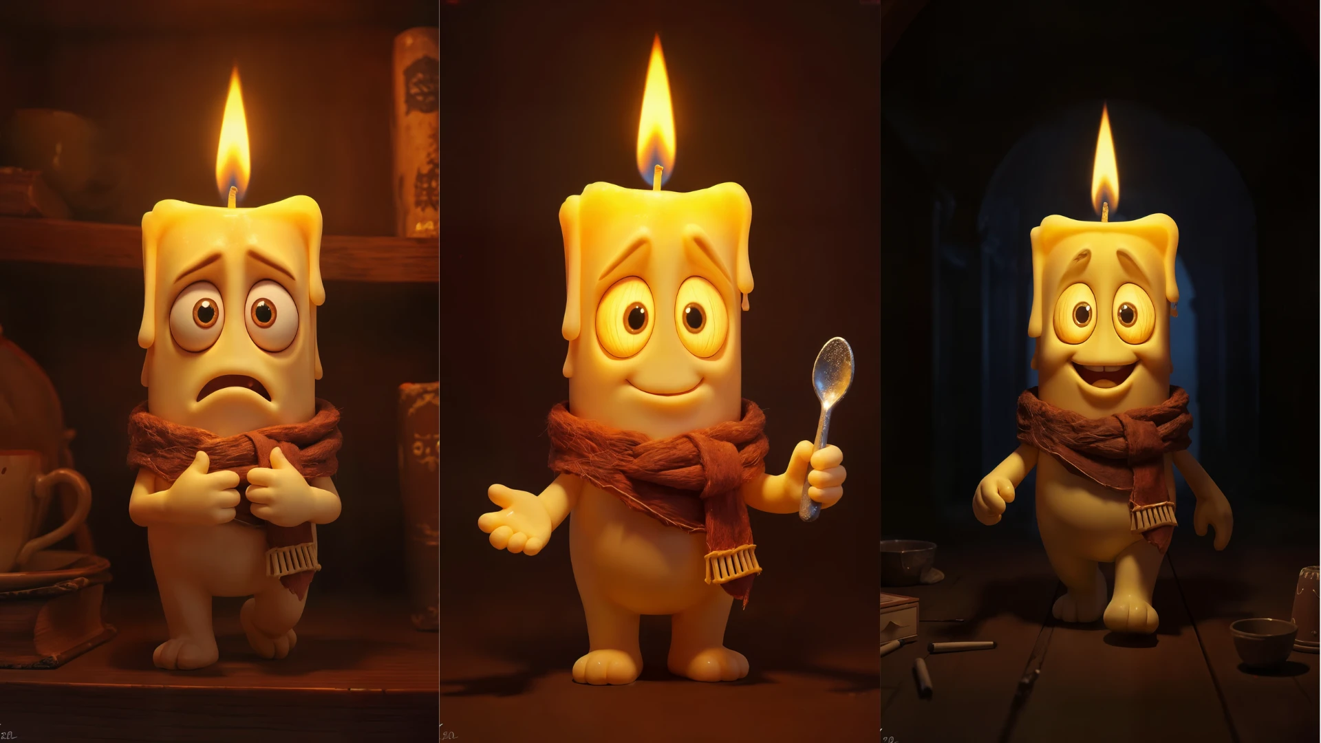 Consistent character AI showing candle character with three different emotional expressions