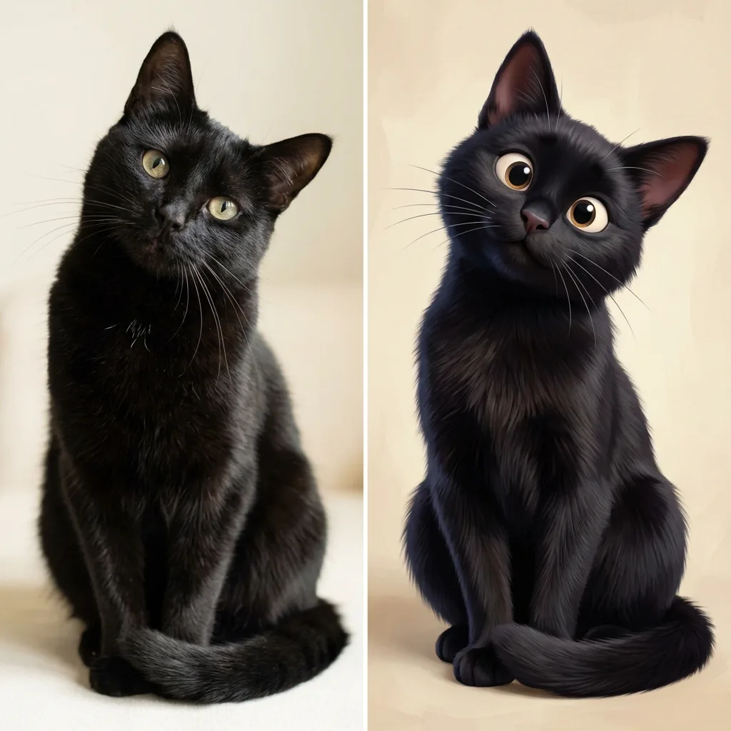 Black cat before and after AI pet portrait transformation