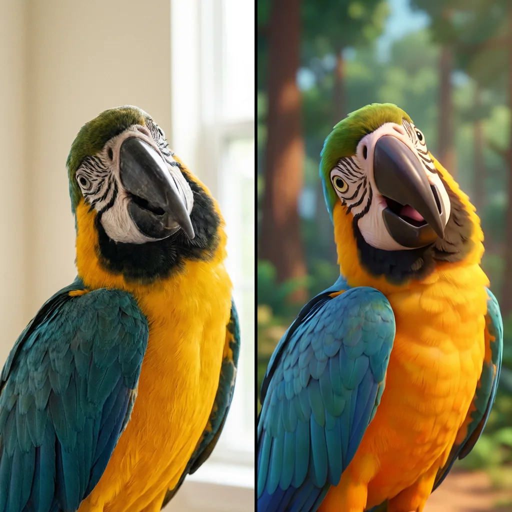Blue gold macaw before and after Pixar-style AI portrait