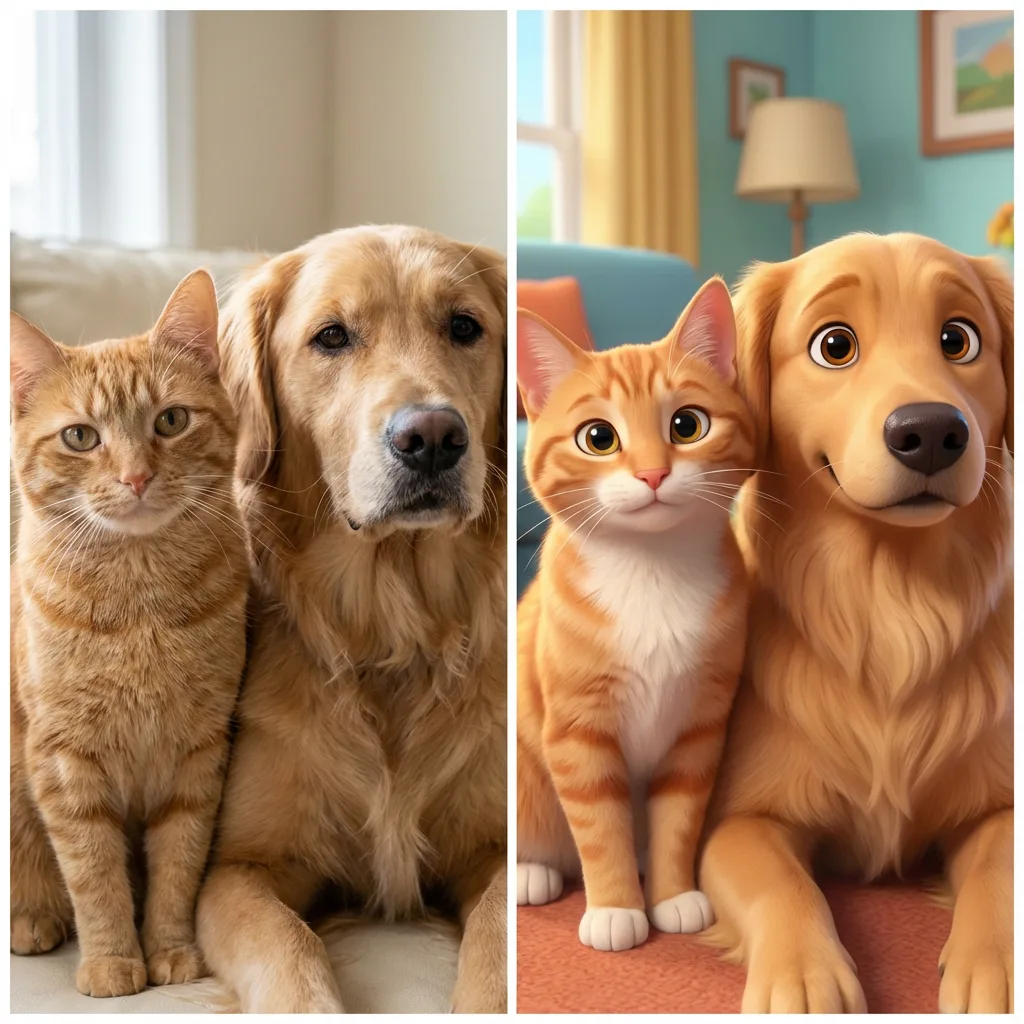 Cat and golden retriever before and after AI pet portrait