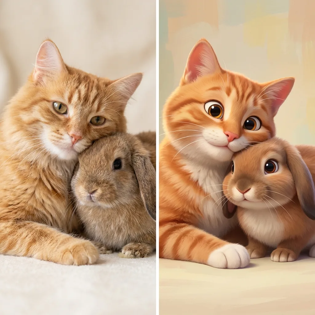 Cat and rabbit before and after AI cartoon portrait transformation