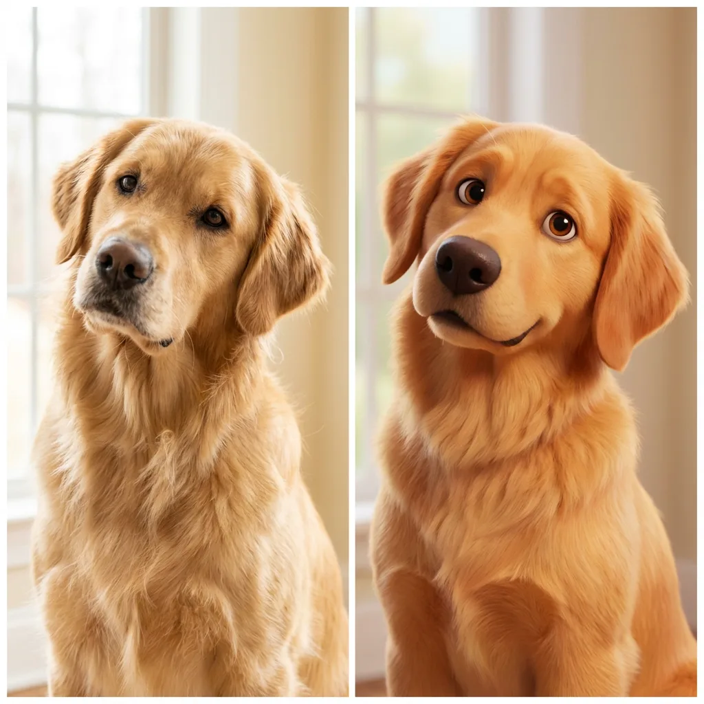 Golden retriever before and after AI cartoon portrait transformation