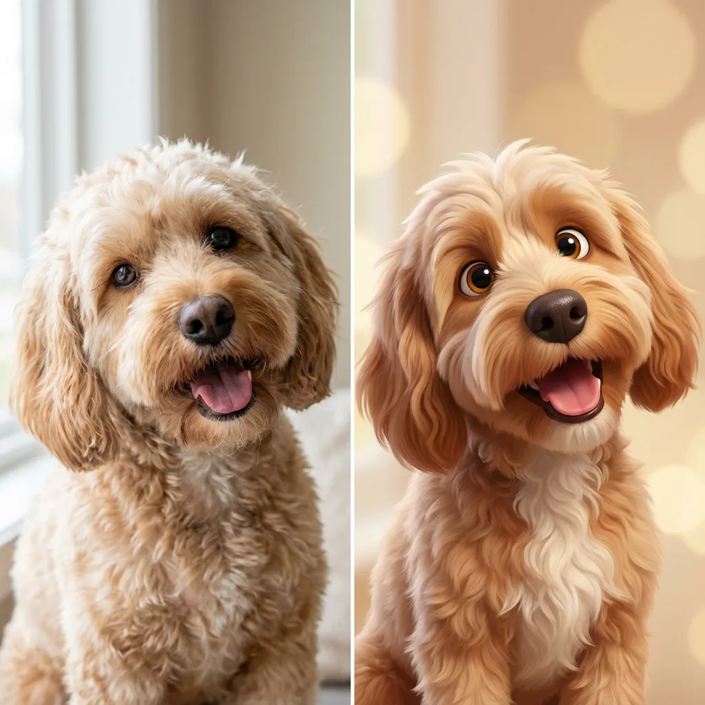 Goldendoodle dog before and after AI cartoon portrait transformation