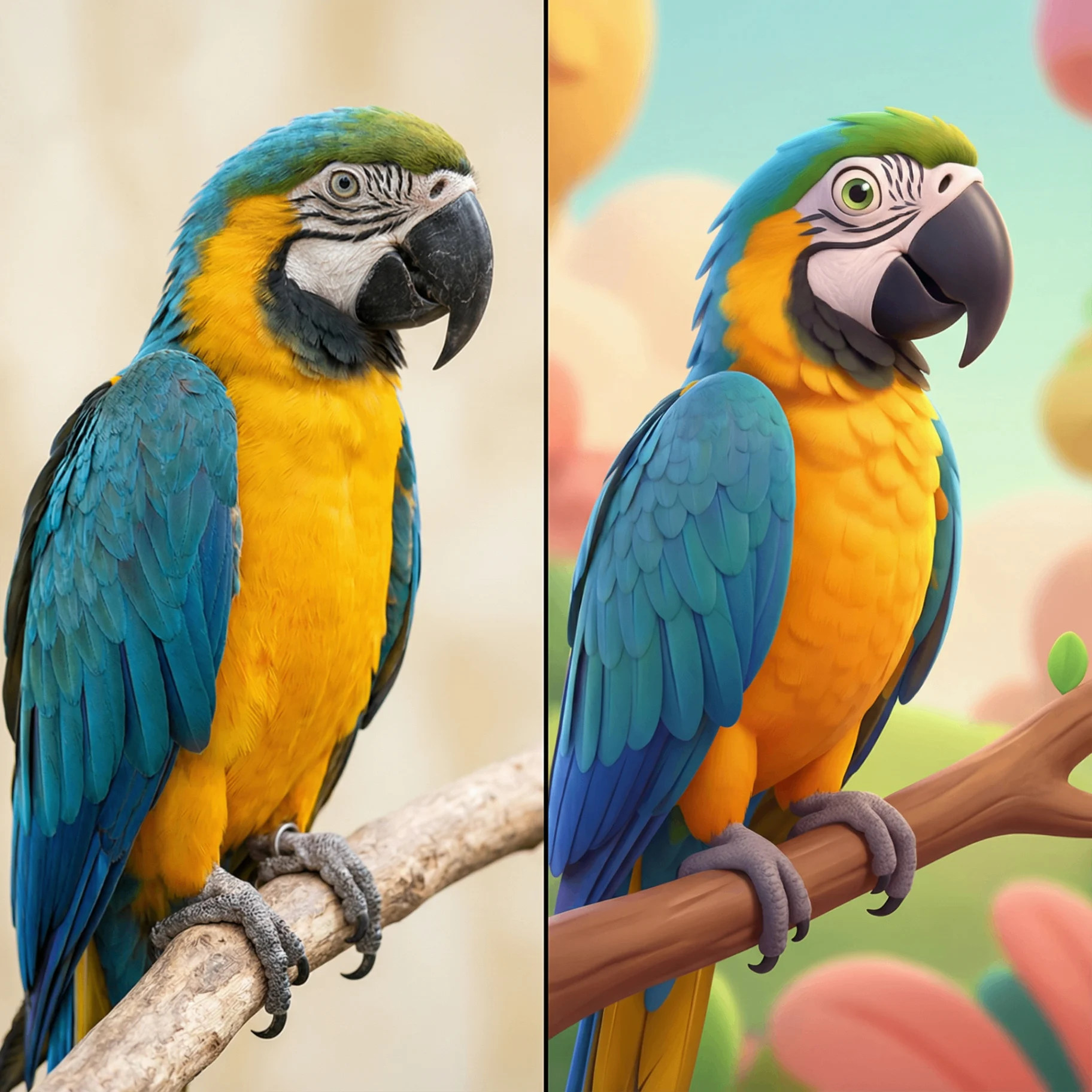 Blue and gold macaw before and after AI cartoon portrait transformation