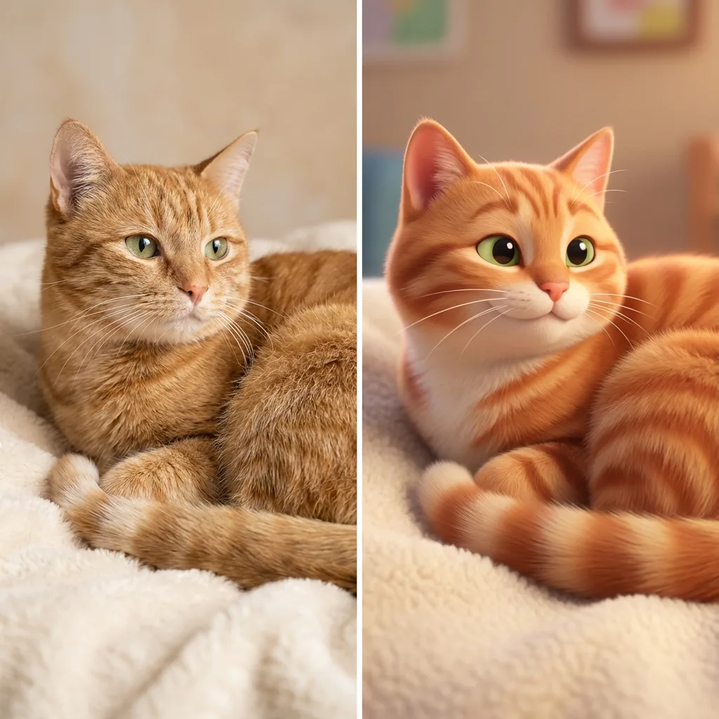 Orange tabby cat before and after AI pet portrait transformation