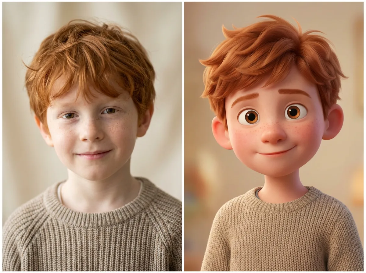 Boy with red hair before and after Pixar-style cartoon