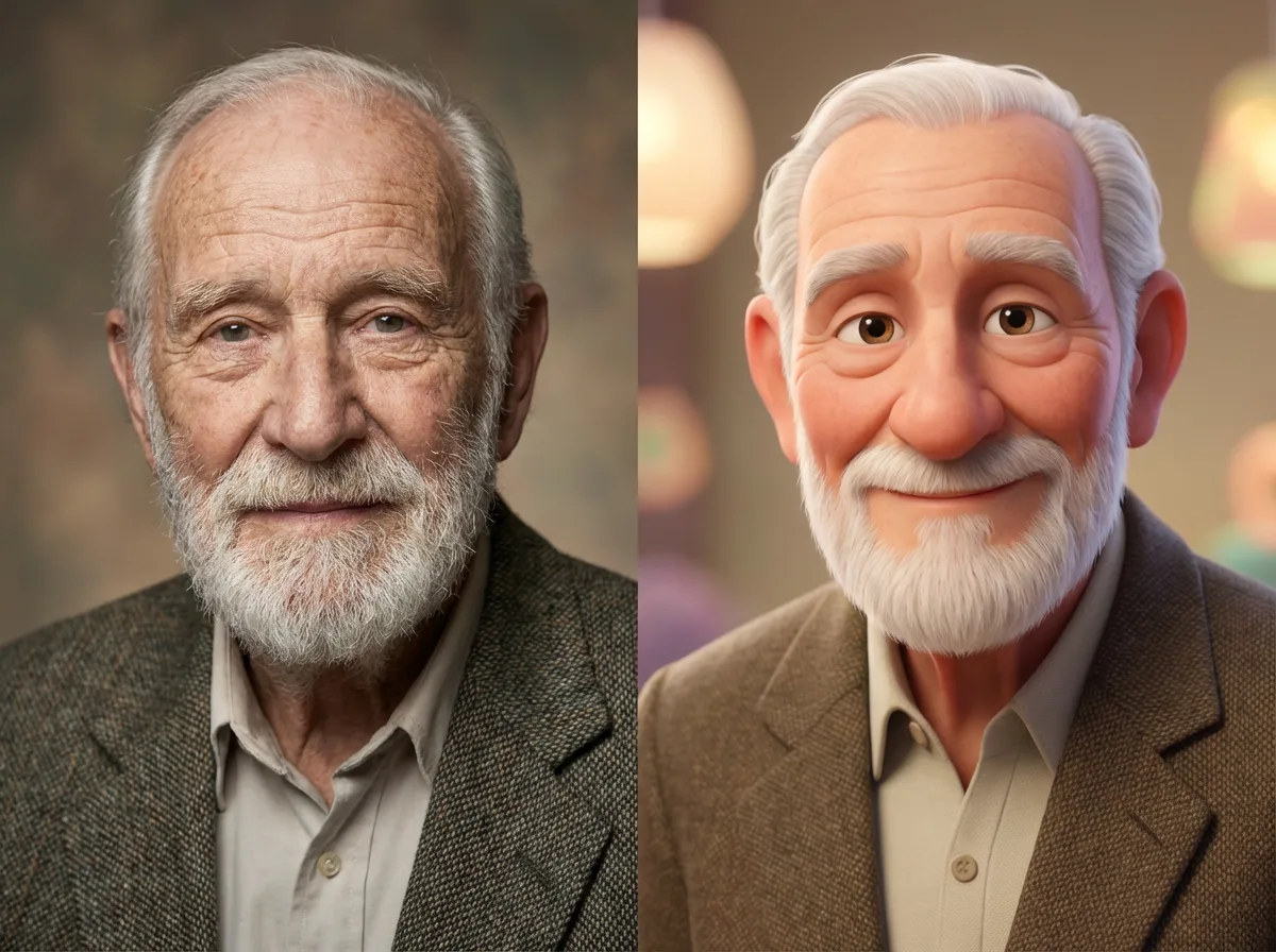 Elderly man with beard before and after AI cartoon transformation