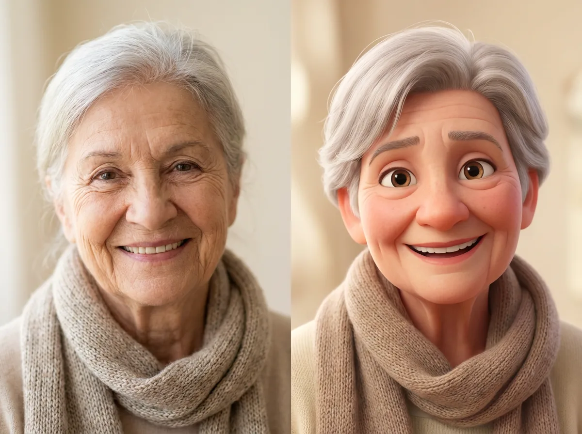 Elderly woman with scarf before and after AI cartoon portrait
