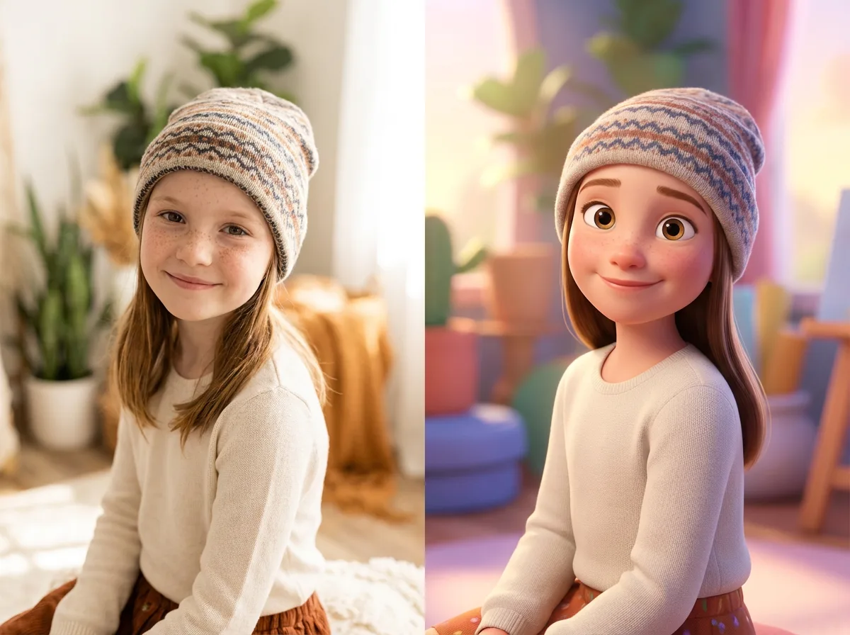 Girl with beanie before and after AI cartoon portrait