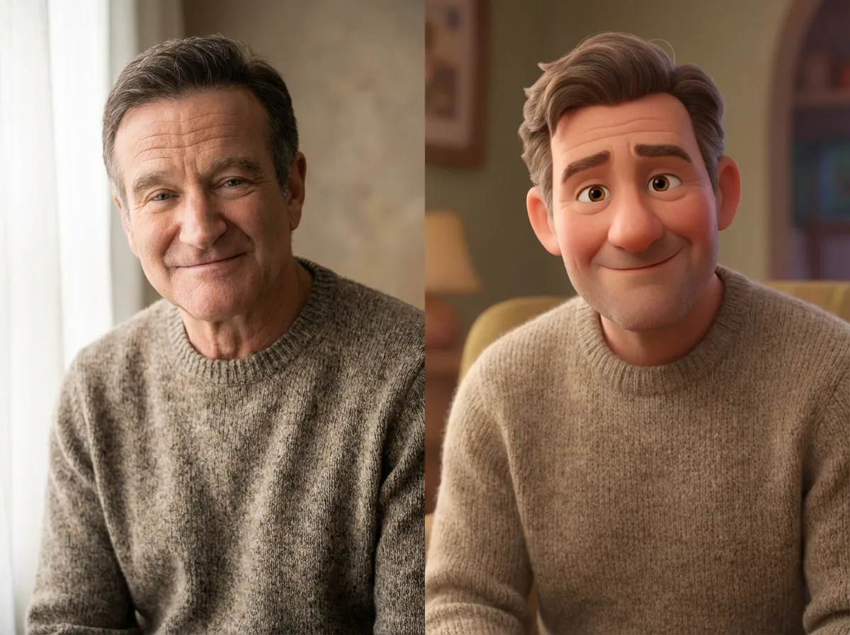 Man in gray sweater before and after Pixar-style cartoon