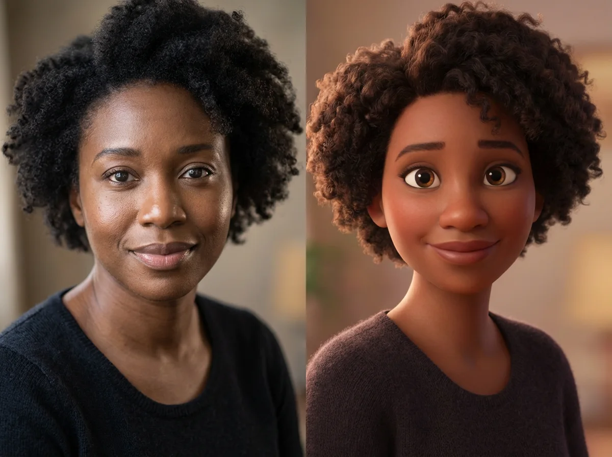 Woman in black sweater before and after cartoon transformation
