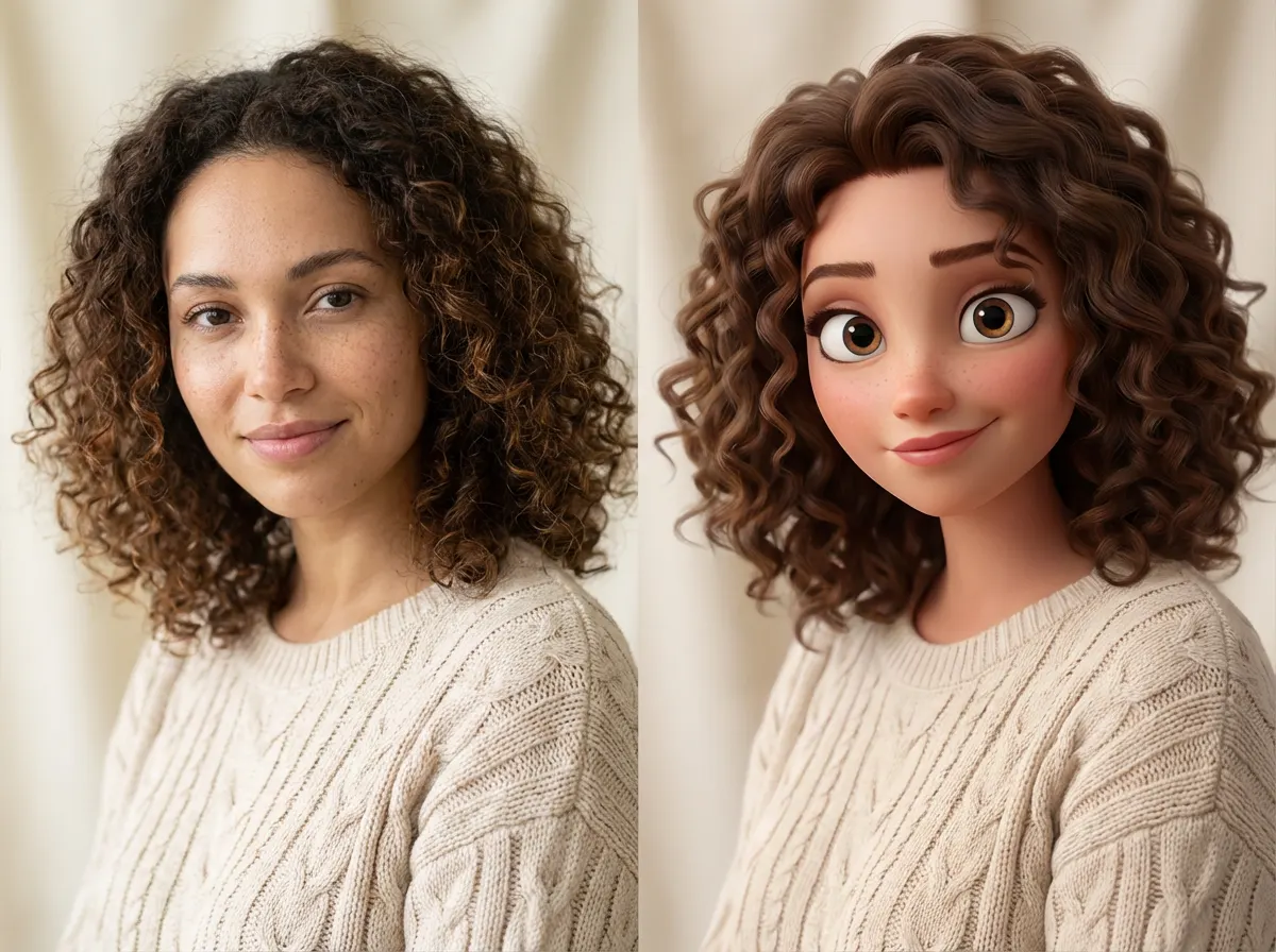 Woman with curly hair before and after AI cartoon portrait
